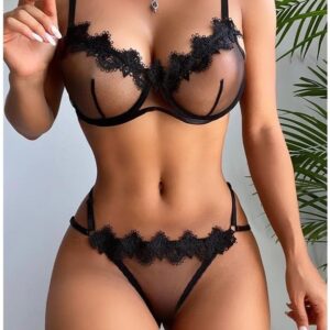 Satohom Sexy Lingerie Women’s 2-Piece Chic Bra and G-String Lace Sleepwear Transparent Mesh Underwear Adjustable Straps Nightdress for Valentine’s Day