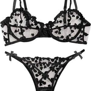 Lilosy Sexy Underwire Cute Gathered Suspender Embroidered Mesh Transparent Lingerie Set Transparent Panties Bra