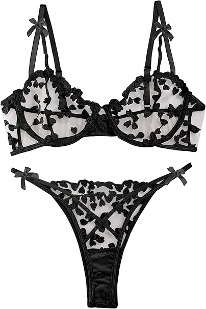 Lilosy Sexy Underwire Cute Gathered Suspender Embroidered Mesh Transparent Lingerie Set Transparent Panties Bra