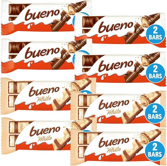 Creamy Chocolate Bundle Containing Bueno Chocolate Bar 43g x4 and Bueno White Bar 39g x4 (8 Pack) - Image 2