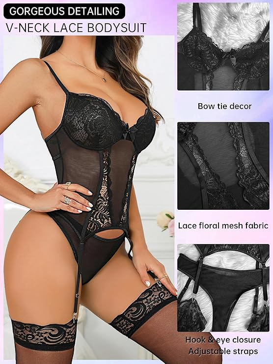ssyyx Women’s Sexy Lingerie Set with Garter Belt Lace Bodysuit Teddy Baby Dolls Panty with Stockings - Image 6