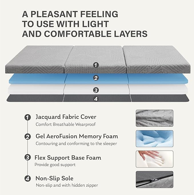 MLILY Tri-Fold Memory Foam Mattress, 4-Inch Single Folding Mattress with Foldable Washable Cover, Travel and Guest Pad, 75″ x 25″ x 4″, Gray - Image 4