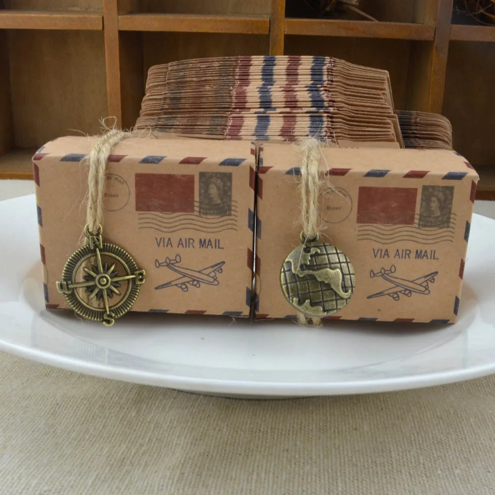 50 stks Kraftpapier Bonbondoos Oud Papier Vliegtuig Mail Geschenkdoos Chocolade Doos Aarde Kompas Verpakking Voor Reizen Bruiloft