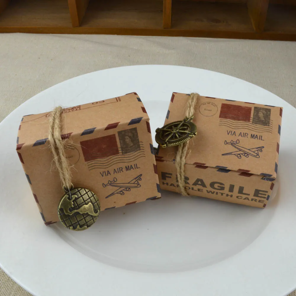 50 stks Kraftpapier Bonbondoos Oud Papier Vliegtuig Mail Geschenkdoos Chocolade Doos Aarde Kompas Verpakking Voor Reizen Bruiloft - Image 3