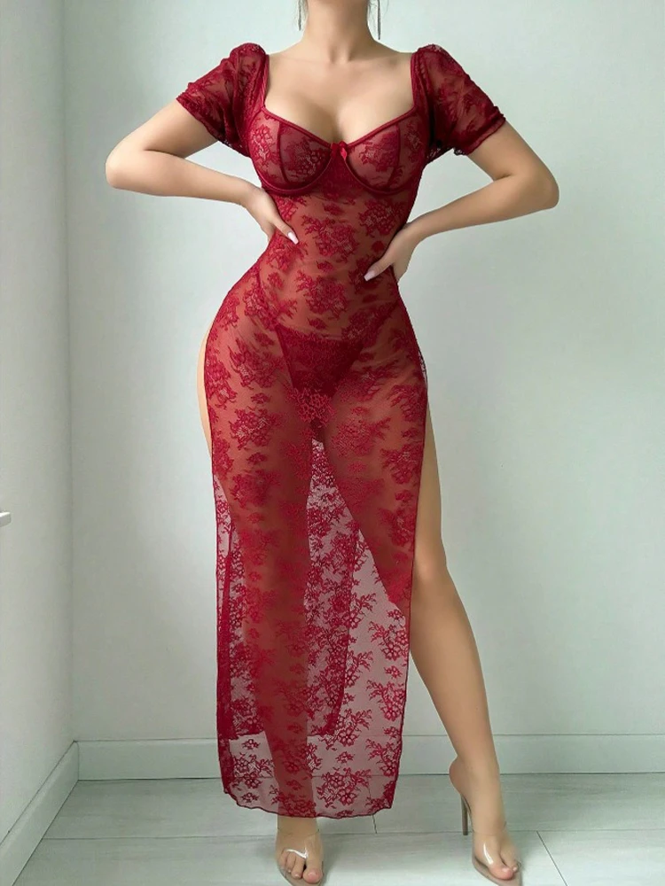 Hot Sexy Underwear Lace Transparent Dress Women Night Club Lingerie Claret Short Lantern Sleevele High Slit Wrapping Square Neck - Image 2