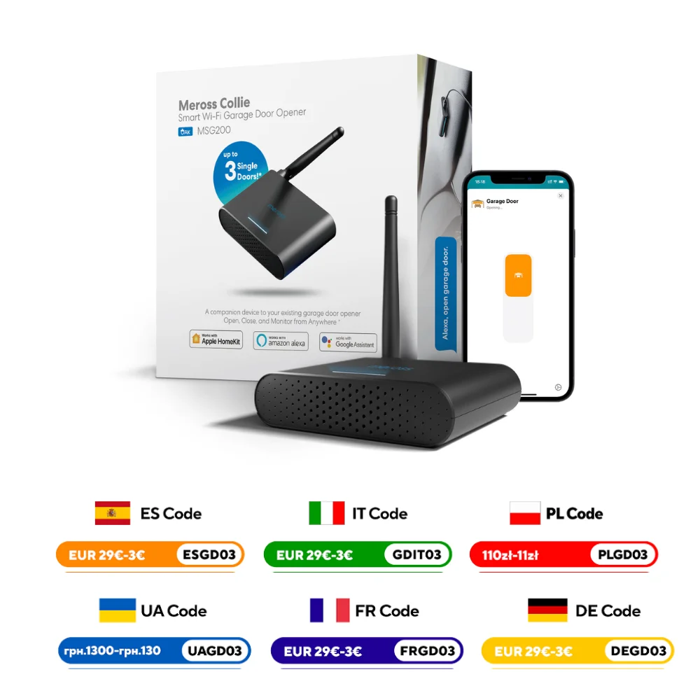Meross slimme garagedeuropener met externe antenne tot 3 enkele deuren EU-versie Ondersteuning HomeKit Alexa Google Home