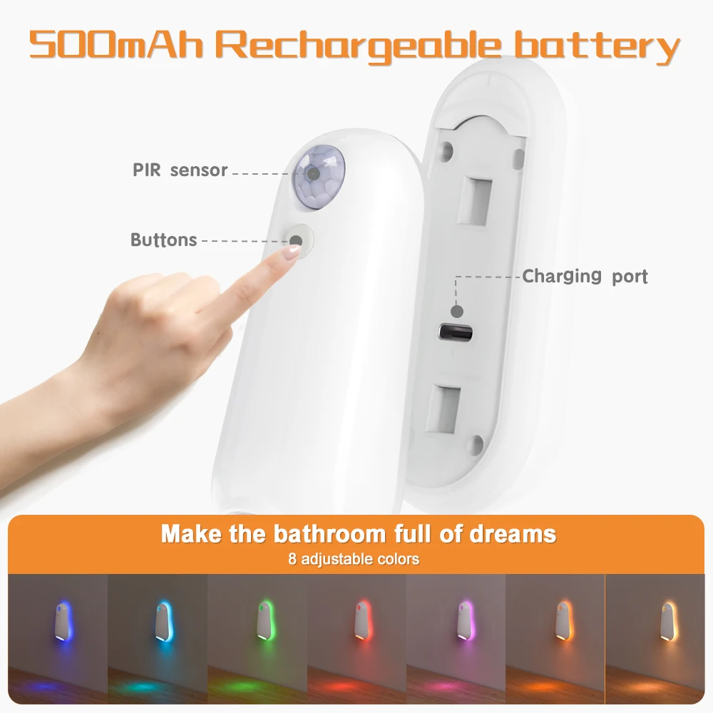 LED Smart Motion Sensor Nachtlampje, Toiletbrilverlichting, USB oplaadbare 8 Kleuren Lamp voor Zomergang WC Camping Home Decor - Image 5