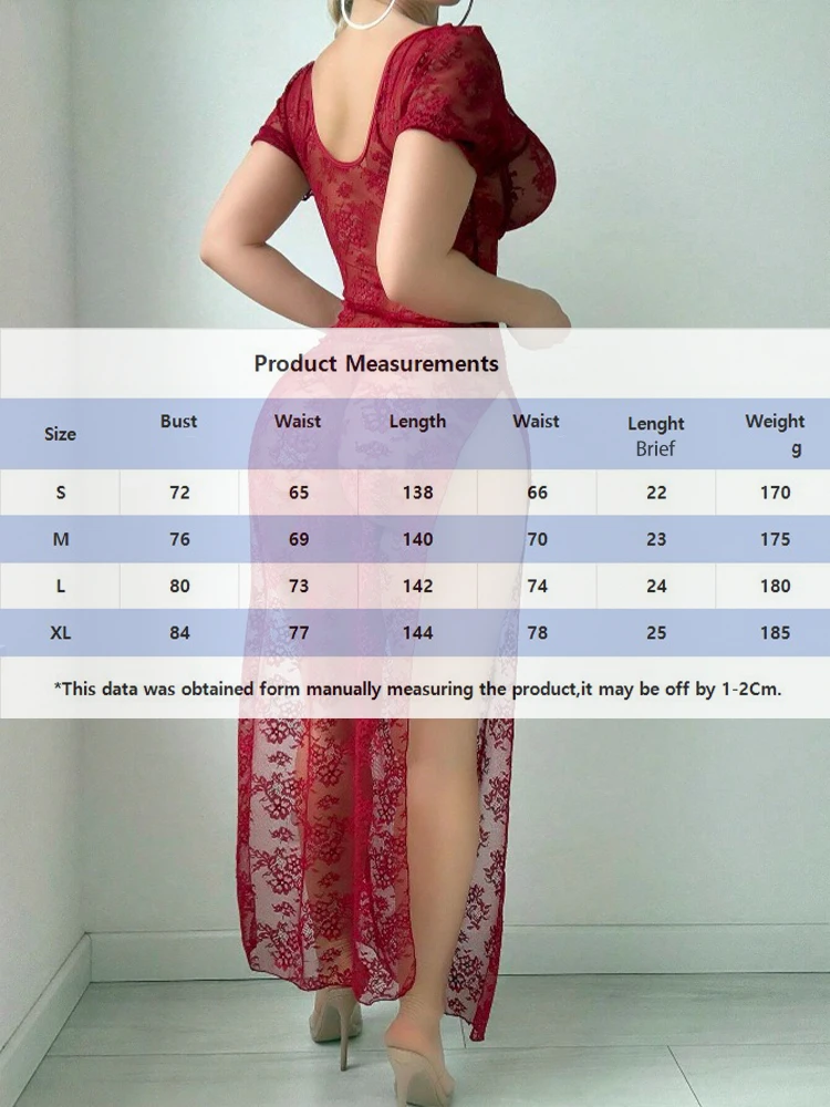 Hot Sexy Underwear Lace Transparent Dress Women Night Club Lingerie Claret Short Lantern Sleevele High Slit Wrapping Square Neck - Image 5