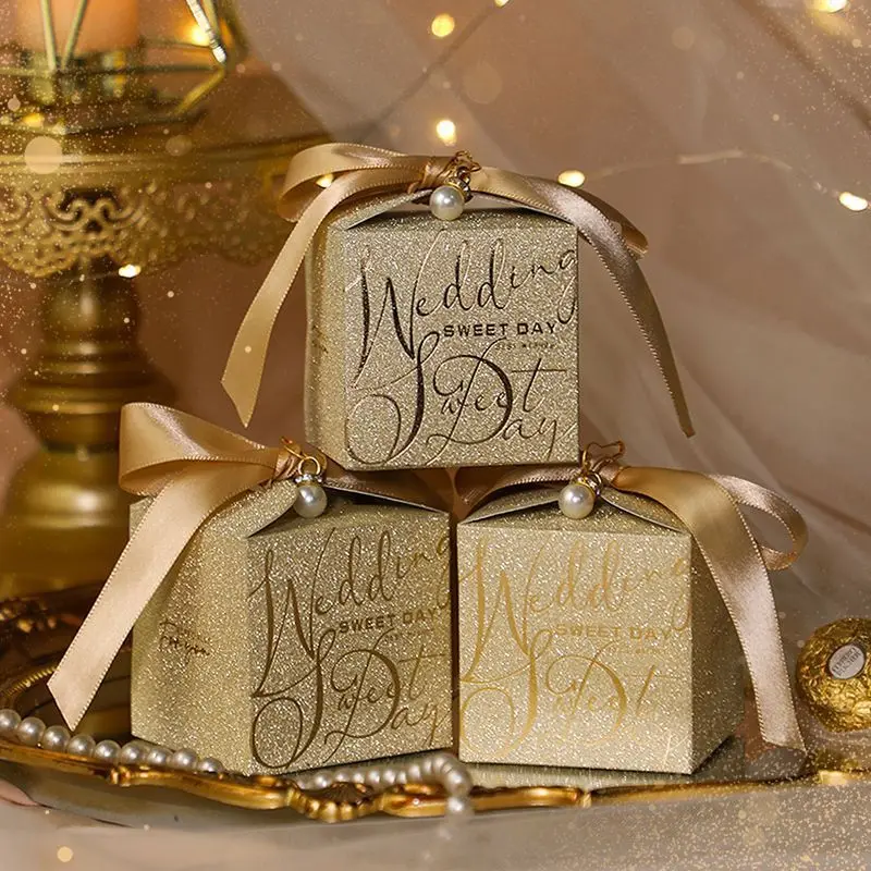 New Wedding Candy Box Met Parel Strik High-End Gift Chocolade Doos Hoge Kwaliteit Glitter Poeder Shell Gift doos