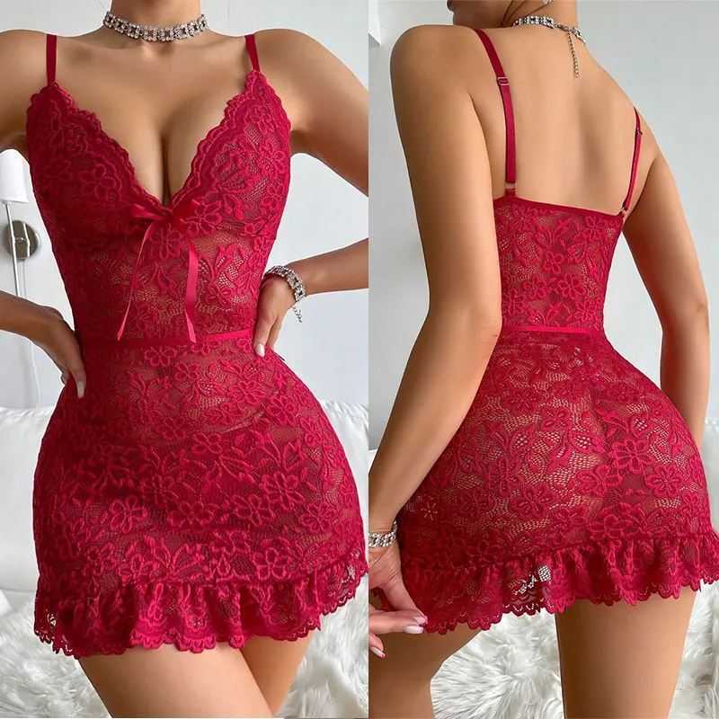 Lace Splicing Perspective Sexy Lingerie Set Erotic Crotchless Sleepwear Pajamas Set Lace Night Dress Nightgown G-string - Image 2