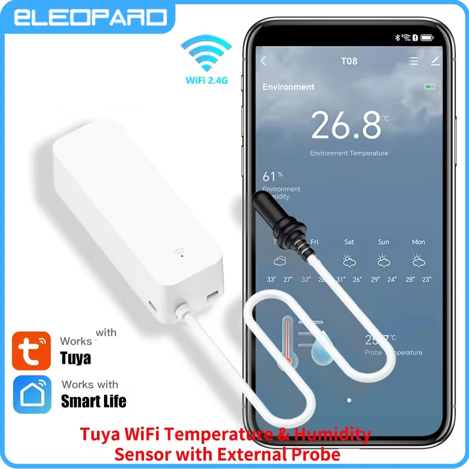 Alarmest Tuya WiFi temperatuur-vochtigheidssensor met externe sonde voor Smart Home Hygrometer APP-monitoring voor planten Aquarium