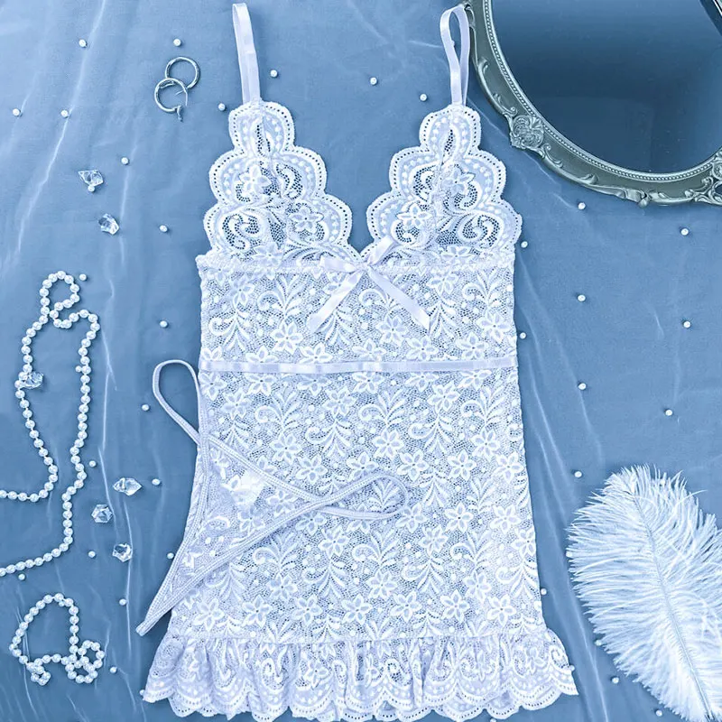 Lace Splicing Perspective Sexy Lingerie Set Erotic Crotchless Sleepwear Pajamas Set Lace Night Dress Nightgown G-string - Image 6