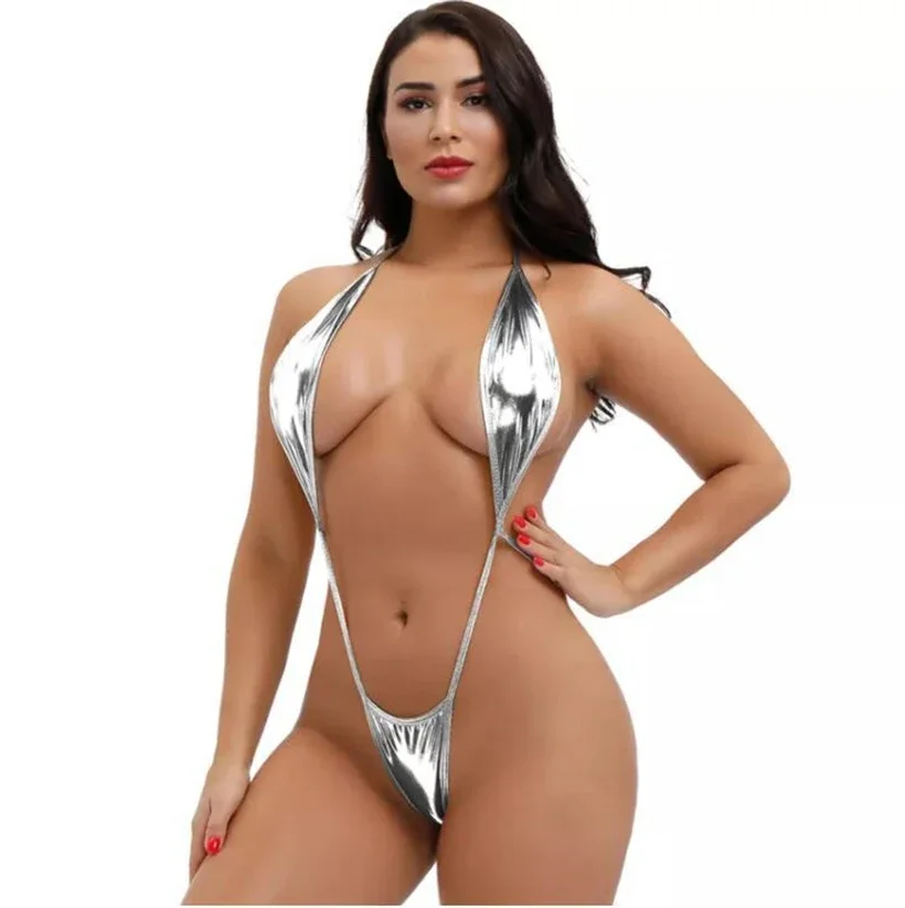 Women Exotic Shiny Teddies Halter Lace-Up Deep V Backless Lingerie Suit Micro Thong Bikini Set One-piece Swimsuit Sexy Beachwear - Image 3