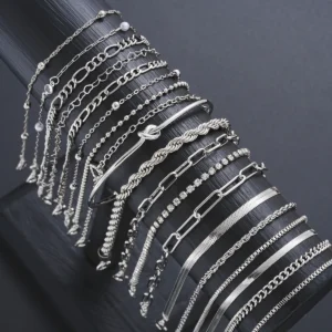 19Pcs Silver Color Multilayer Metal Simple Bracelets For Women Vintage Crystal Beads Twisted Box Snack Chain Bracelet Fashion