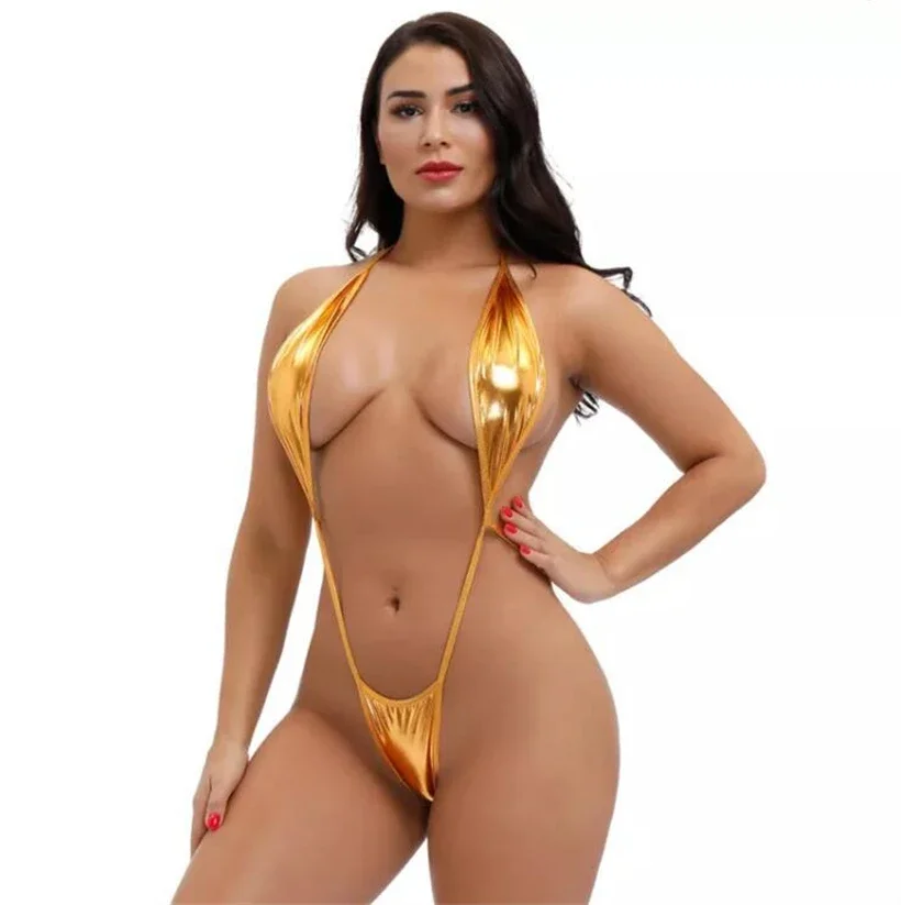 Women Exotic Shiny Teddies Halter Lace-Up Deep V Backless Lingerie Suit Micro Thong Bikini Set One-piece Swimsuit Sexy Beachwear - Image 2