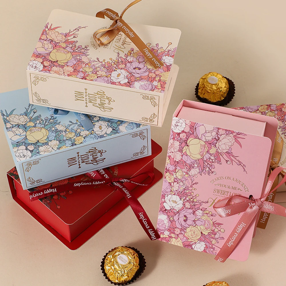 Prachtige chocolade geschenkdoos boekvorm geschenkverpakking met lint kartonnen snoep huidige doos voor bruiloft Valentijnsdag