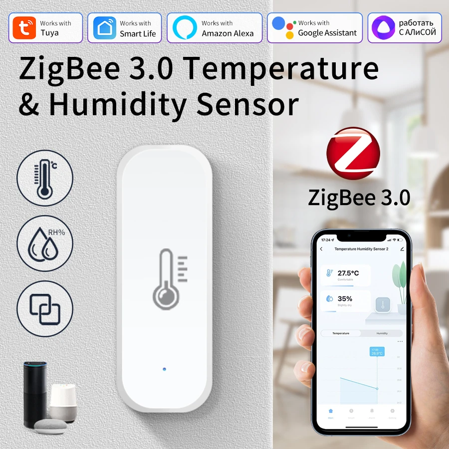 Tuya Smart Temperatuur-vochtigheidssensor Zigbee 3.0 Indoor Home Hygrometer Thermometer App Remote Monitor Werk met Alexa Google