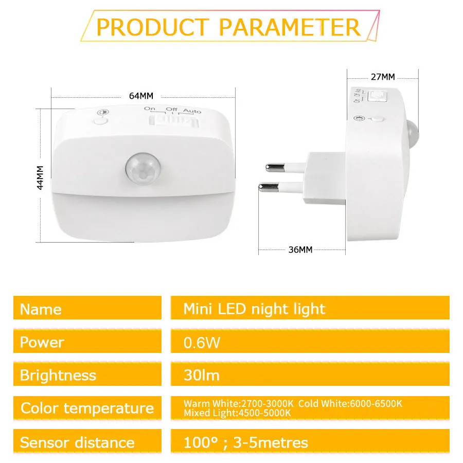 LED Nachtlampje EU Plug In Smart Bewegingssensor Licht 220V Wandlamp voor Thuis Gangpad WC Hal Trap Keuken slaapkamer Nachtlampje - Image 2